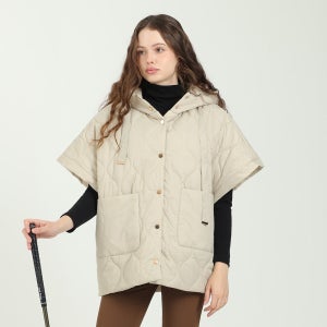 여성 골프베스트 여자골프웨어 물결패턴 후드넥 케이프조끼 로즈골드 버튼 여성 골프 아우터