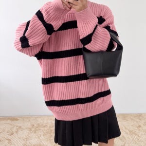 루즈핏 니트 단가라 ( 핑크 차콜 ) 오버사이즈 커플룩