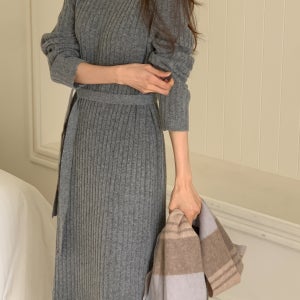 울 니트 롱 원피스 끈 벨트 세로 골지 봄 가을 겨울 몸매 보정 체형 커버 데일리 편한 모임룩 일상 코디