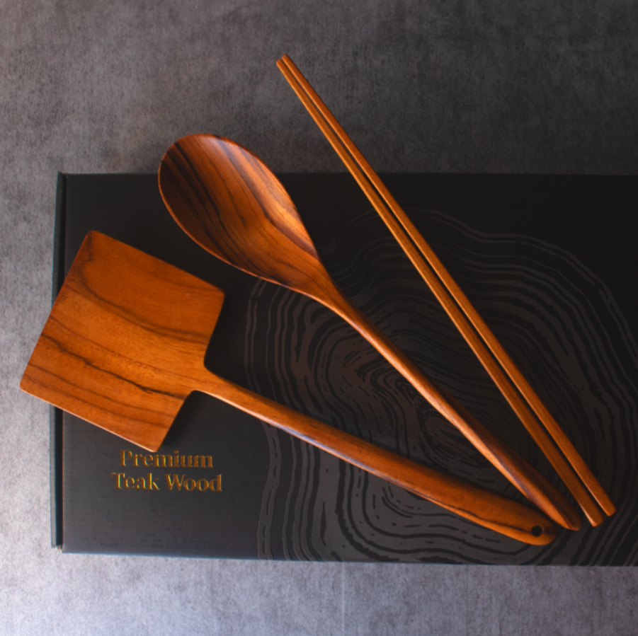 모어우드 티크 원목 조리도구 세트 3종 볶음스푼 뒤집개 젓가락 선물 답례품 A set