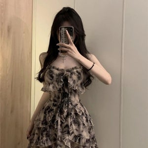 빈티지 플라워 프릴 원피스 민소매 뷔스티에 미니 비치 원피스