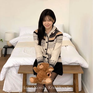 [남주]여성 겨울 아가일 패턴 눈꽃 노르딕 후드 루즈핏 스웨터 니트 가디건