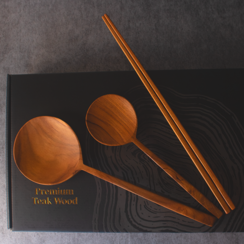 모어우드 티크 원목 조리도구 세트 3종 볶음스푼 주걱 젓가락 선물 답례품 B set