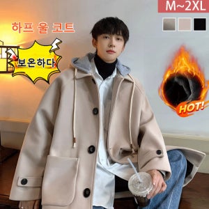 페이크 투피스 미디엄 롱 모직 코트 남자코트오버핏 남성 후드 모직 하프코트