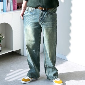 남자 기모 청바지 융털 와이드 스판 데님팬츠 융기모 뒷밴딩 겨울 통청바지