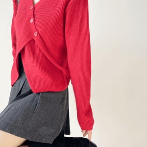 사선버튼 랩 니트 가디건 옂 크롭 숏 랩스타일 브이넥 데일리 단추 니트