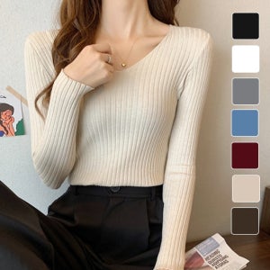 언니이거이거 브이넥 골지 니트 슬림핏 긴팔 스웨터