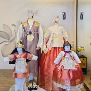 [대여 ]오렌지명작 펄명주 실크 금박 프리미엄 돌잔치한복 가족 스냅촬영 빅사이즈