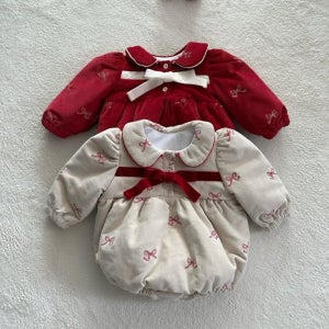 아기 베베 유아 겨울 크리스마스 카라 리본 바디슈트