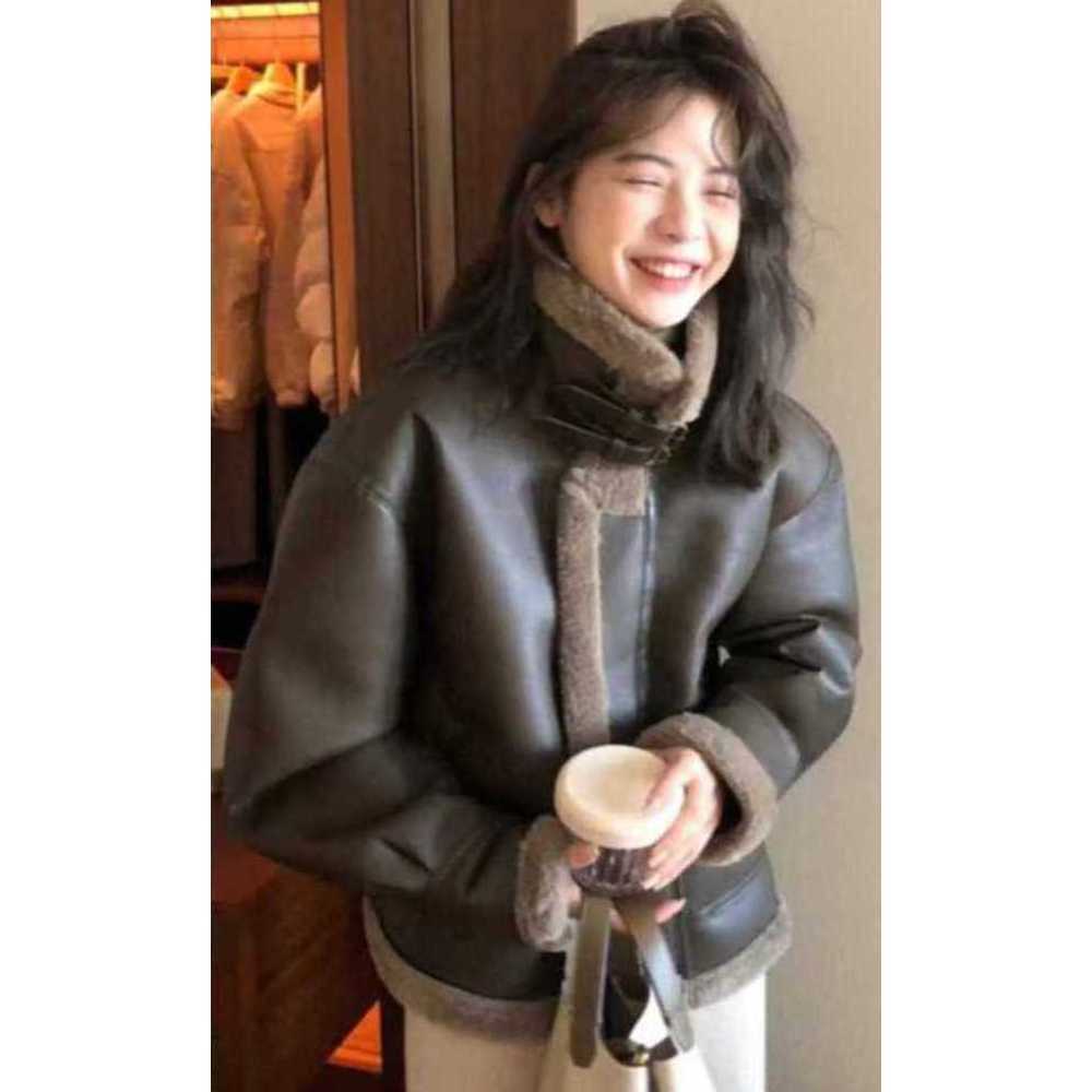 여성 숏 무스탕 점퍼 가죽 재킷 오토바이 자켓 갈색 하이넥 브라운 브라운 S