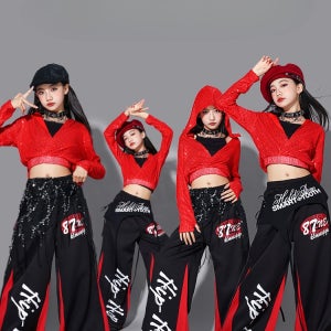 코드루이스 섹시 레드 후드티 힙합 재즈 스팽글 방송댄스복 춤 걸그룹 학예회