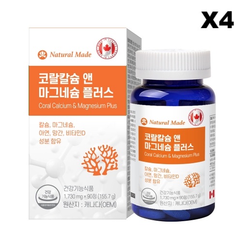 <b>네츄럴메이드</b> 코랄<b>칼슘</b> 마그네슘 플러스 1730mg 칼마디 대용량 90정, 4개