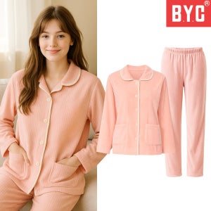 BYC 여성 겨울 고급 잠옷 엠보 밍크 잠옷 상하의 세트