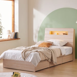 에몬스 샤이닝온 LED 수납 침대세트 SS 플랫탑 7존독립스프링, 내추럴