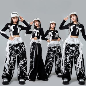 코드루이스 화려한 초등 댄스복 블랙 리본 레이스 걸그룹 오디션 학예회 무대 의상