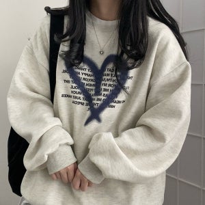 여자 맨투맨 오버핏 하트 프린트 면 긴팔 기모 선택