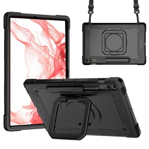 갤럭시탭 S9 FE 플러스 케이스 범퍼 회전 스퀘어 스트랩 아머 올블랙, 탭 S9 FE+/S9+