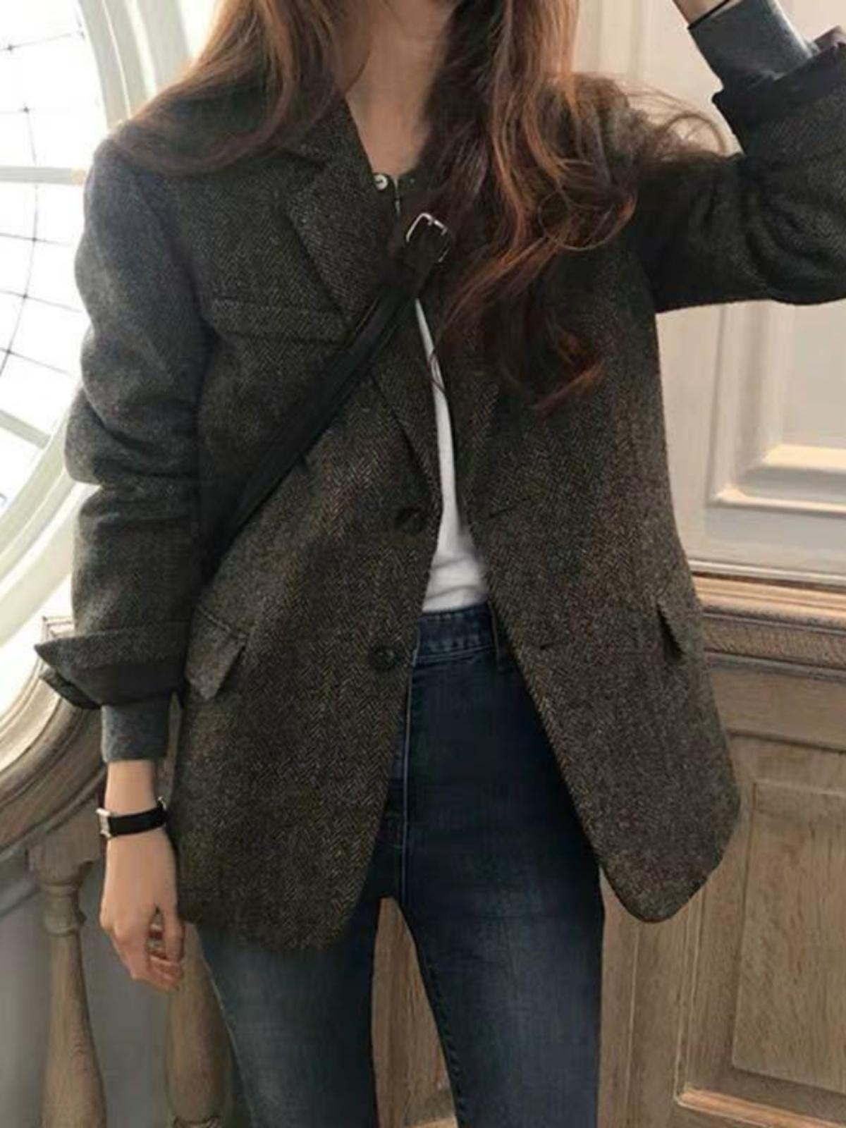 여성 헤링본 울 정장 자켓 클래식 싱글 블레이저 오버핏 커피브라운 누빔 S 50kg 이하