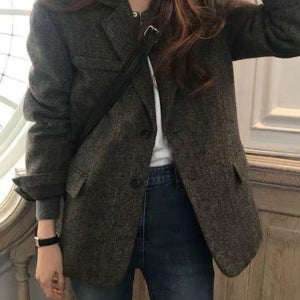 여성 헤링본 울 정장 자켓 클래식 싱글 블레이저 오버핏 커피브라운 누빔 S 50kg 이하