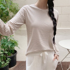 여성 스트라이프 티셔츠 겨울 기모이너티 긴팔 레이어드