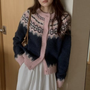 노르딕가디건 두꺼운 눈꽃 코위찬 겨울 핑크 연말룩 가디건