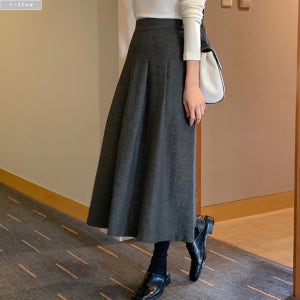 트로프 헤링본 뒷밴딩 핀턱 롱 스커트 2col 겨울 가을 모직 플리츠 페미닌 제이플로우