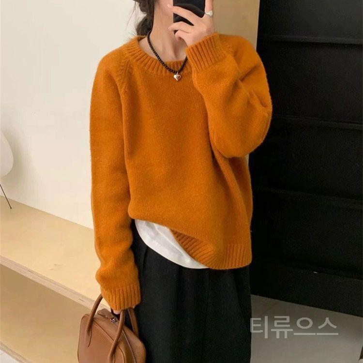 티류으스 여성 오렌지 라운드넥 풀오버 니트 라글런 소매 편안한 핏 슬림핏 상의 Lyw 블랙 한 사이즈