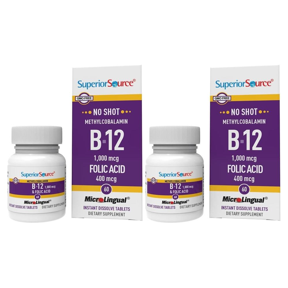 <b>슈페리어소스 비타민</b> B12 메틸코발라민 1000 mcg +엽산 용해성 60 정 x2팩
