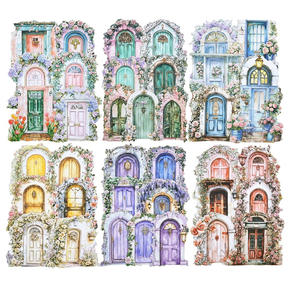 AuriicLeaf 팝업 도어 카드스톡 스티커 세트, 스크랩북, 저널링, DIY 공예 및 플래너 장식용 60PCS 판타지 포털 Vintage Archive 1