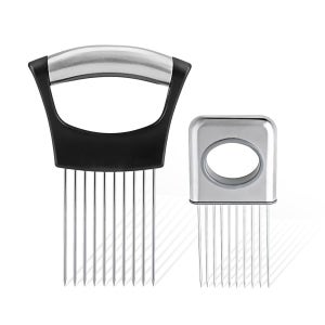 차미스 2개 양파 슬라이서 음식 슬라이스 보조 스테인리스 스틸 홀더 도구, 야채 감자 커터 슬라이서, 절단 주방 가젯