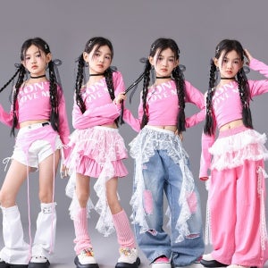 코드루이스 주니어 핑크 걸그룹 댄스복 화이트 핫팬츠 레이스 프릴 허리띠 걸그룹 걸스힙합