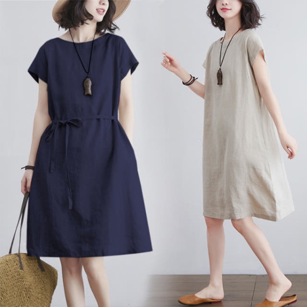 럭셔리 린넨 벨트 네이비<b>블루</b> 반팔 원피스 드레스 M