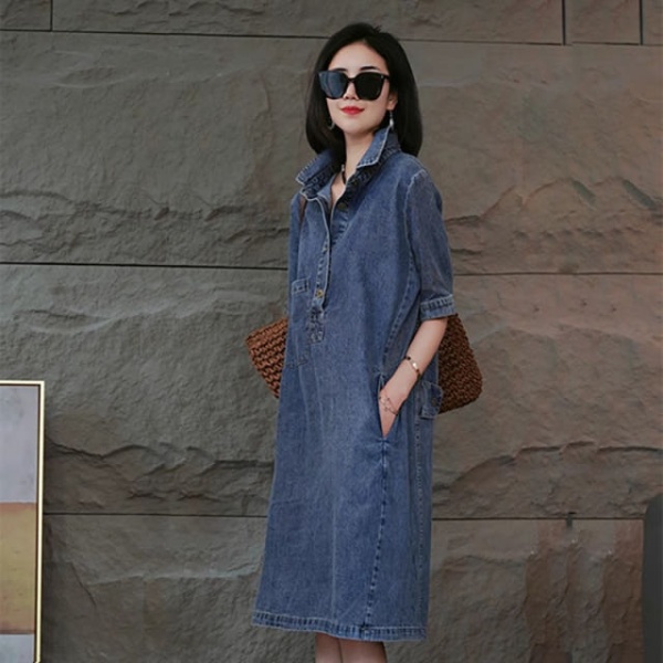 스타일리시 데님 빅사이즈 반팔 루즈핏 미디원피스 다크<b>블루</b> M