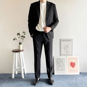 남자 세미 정장 셋업 수트 결혼식하객 코디 스트라이프 캐주얼