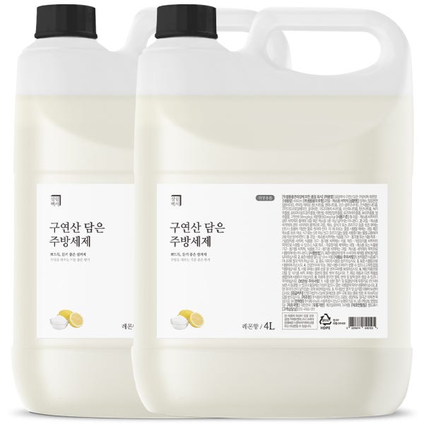 1+1 살림백서 구연산 담은 주방세제 4L 대용량 레몬향 맨손 설거지 리필 과일세척