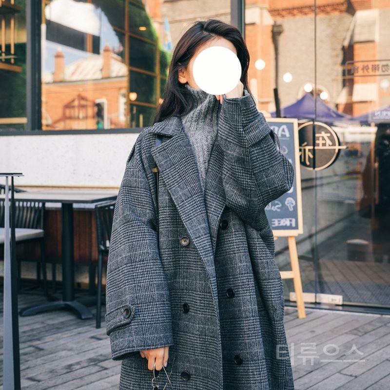 티류으스 여성 체크무늬 울 코트 중기장 오버핏 무릎아래 Z0407 어두운 그레이 S