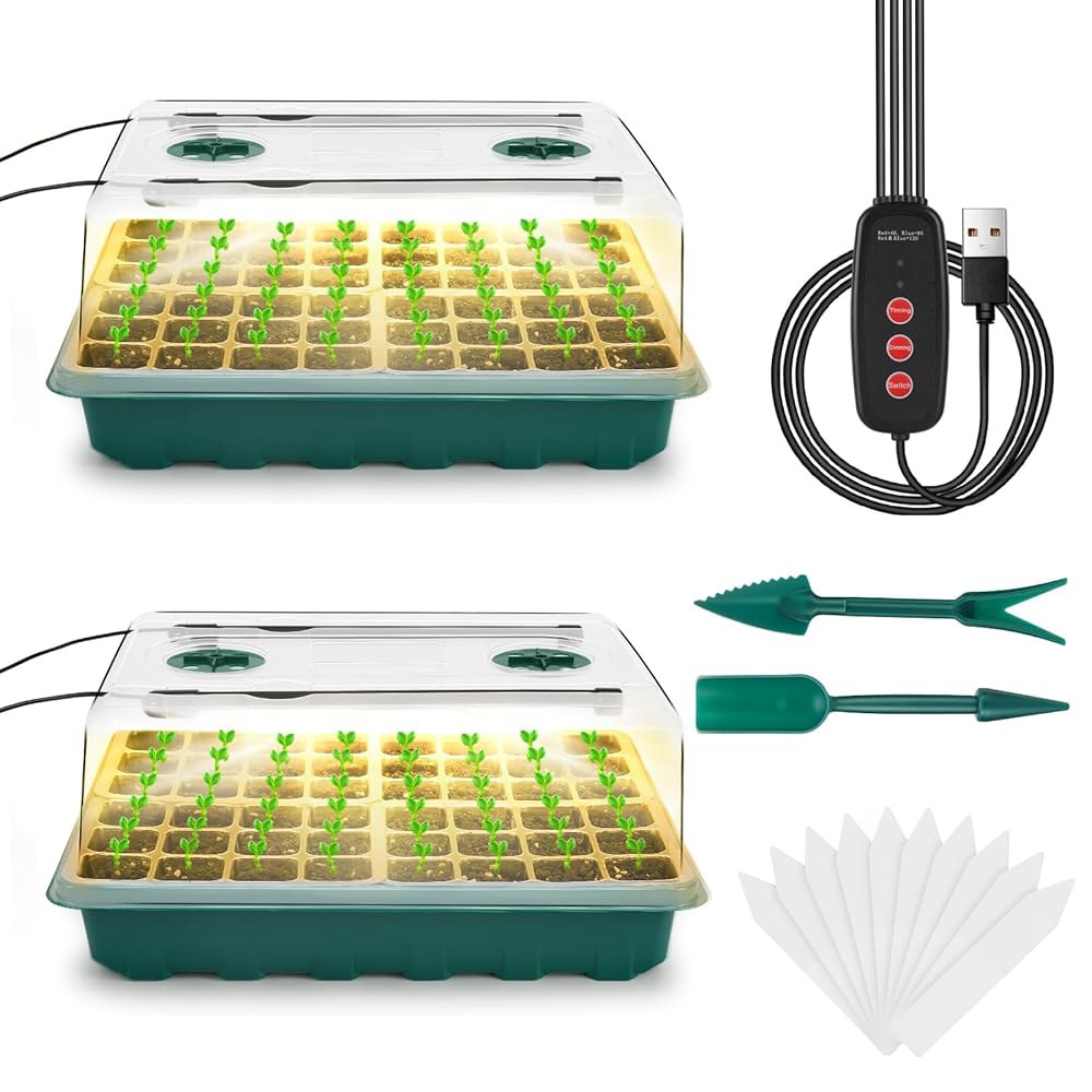 <b>성장</b> 조명이 있는 Ryscam 스타터 트레이 96셀 스타터 키트 습도 돔이 있는 묘목 스타터 트레이 자동 타이머 조절 가능한 가벼운 실내 원예 식물 발아 트레이 Gr n 2 Set