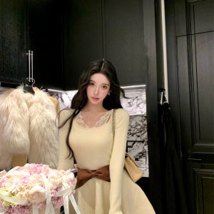 [국내배송] 아이보리 니트 플레어 원피스 [벨트 X] S