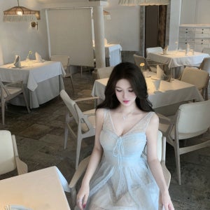 [국내배송] 샤샤 민트 브이넥 레이스 메시 원피스 S