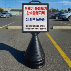 쓰레기 불법투기 단속촬영지역 입간판 검정오뚜기 사각형 물통 스탠딩 표지판 단면