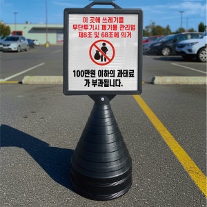 쓰레기 투기시 100만원이하 과태료 입간판 검정오뚜기 사각형 물통 스탠딩 표지판 단면