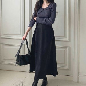 새틴 롱 정장 스커트 플레어 밴딩 A 하객 데이트 결혼식 실크 샤틴 가을 블랙 치마