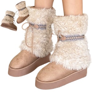 스웨이드 에스닉 자수 에코퍼 양털 리본 플랫폼 미들 하프부츠 4cm