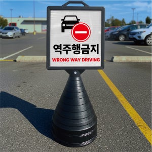 역주행금지 영어포함 입간판 검정오뚜기 사각형 물통 스탠딩 표지판 단면