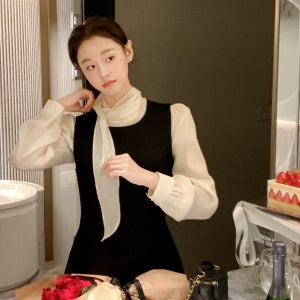 펄 타이 리본 반하이넥 블라우스 bs8544