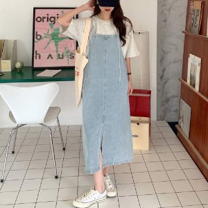 SY 심플한 데님 멜빵원피스 IT19D161