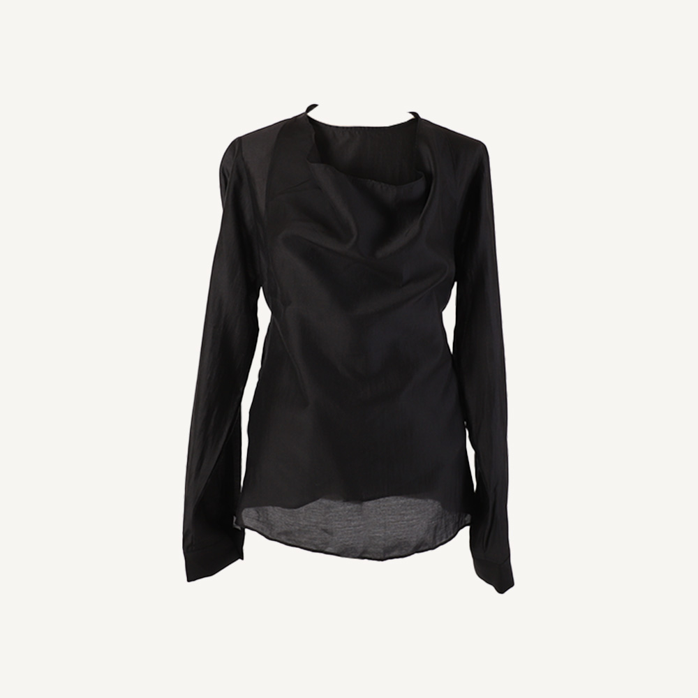 Glossy Sheer Drape-Overlay Round-Neck Blouse Black