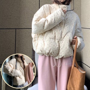 플라워 스트링 여자 패딩 점퍼 겨울 따뜻한 여성 부드러운 바람막이 데일리 아우터