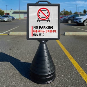 이중 주차금지 견인조치 입간판 검정오뚜기 사각형 물통 스탠딩 표지판 단면