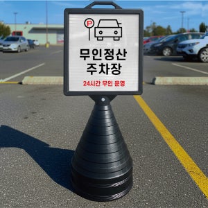 무인정산 주차장 24시간 운영 입간판 검정오뚜기 사각형 물통 스탠딩 표지판 단면